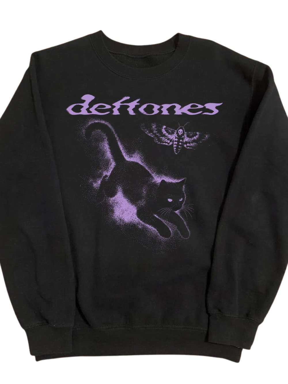 Gildan Black Sweatshirt with Purple Cat & Moth Graphic